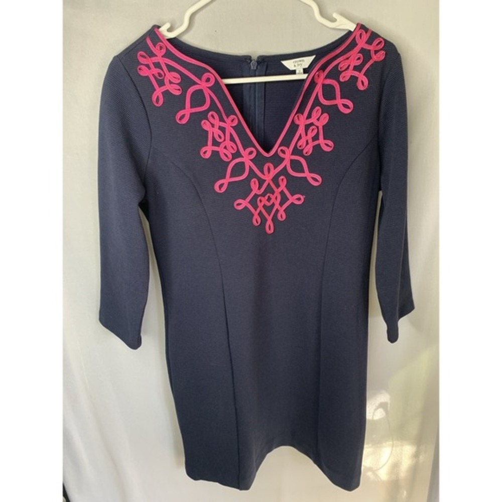 Crown and Ivy Women's S Navy Blue & Pink Embroidered V Neck Dress Spring Knee